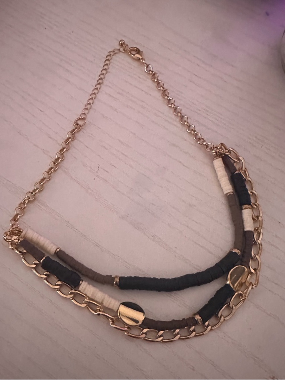 Gold Chain Multi-Strand Necklace with Black, White & Taupe Wrap Details